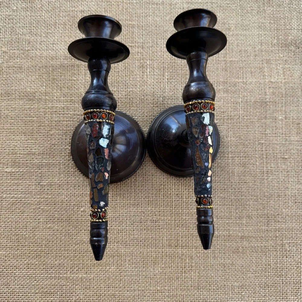 vintage brass wall sconce candle holders with a mosaic inlay